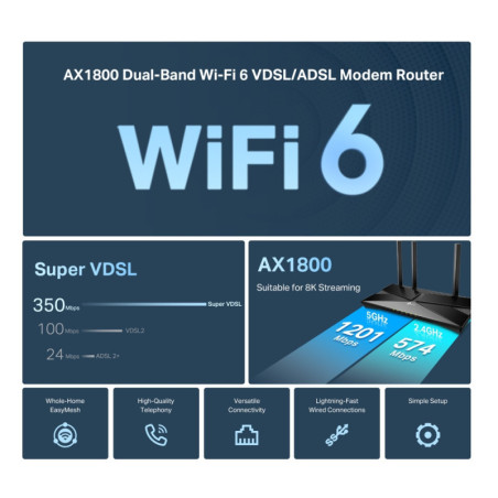 P-Link AX1800 Dual-Band Wi-Fi 6 VDSL/ADSL Modem Router